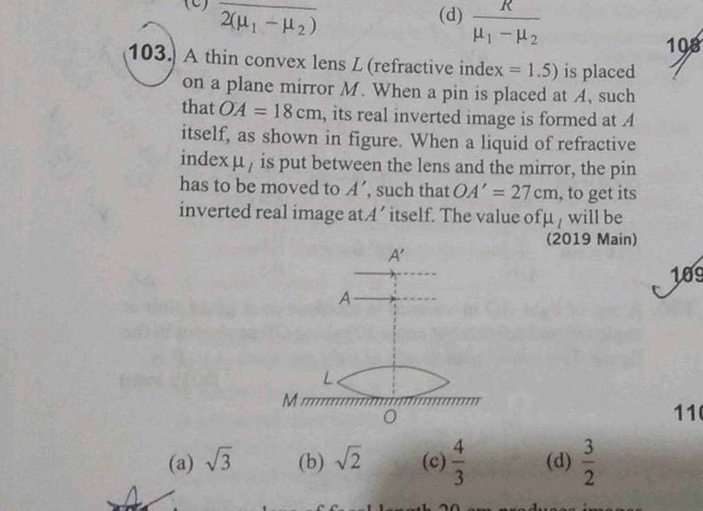 103. A Thin Convex Lens L (refractive Index =1.5 ) Is Placed On A Plane M..