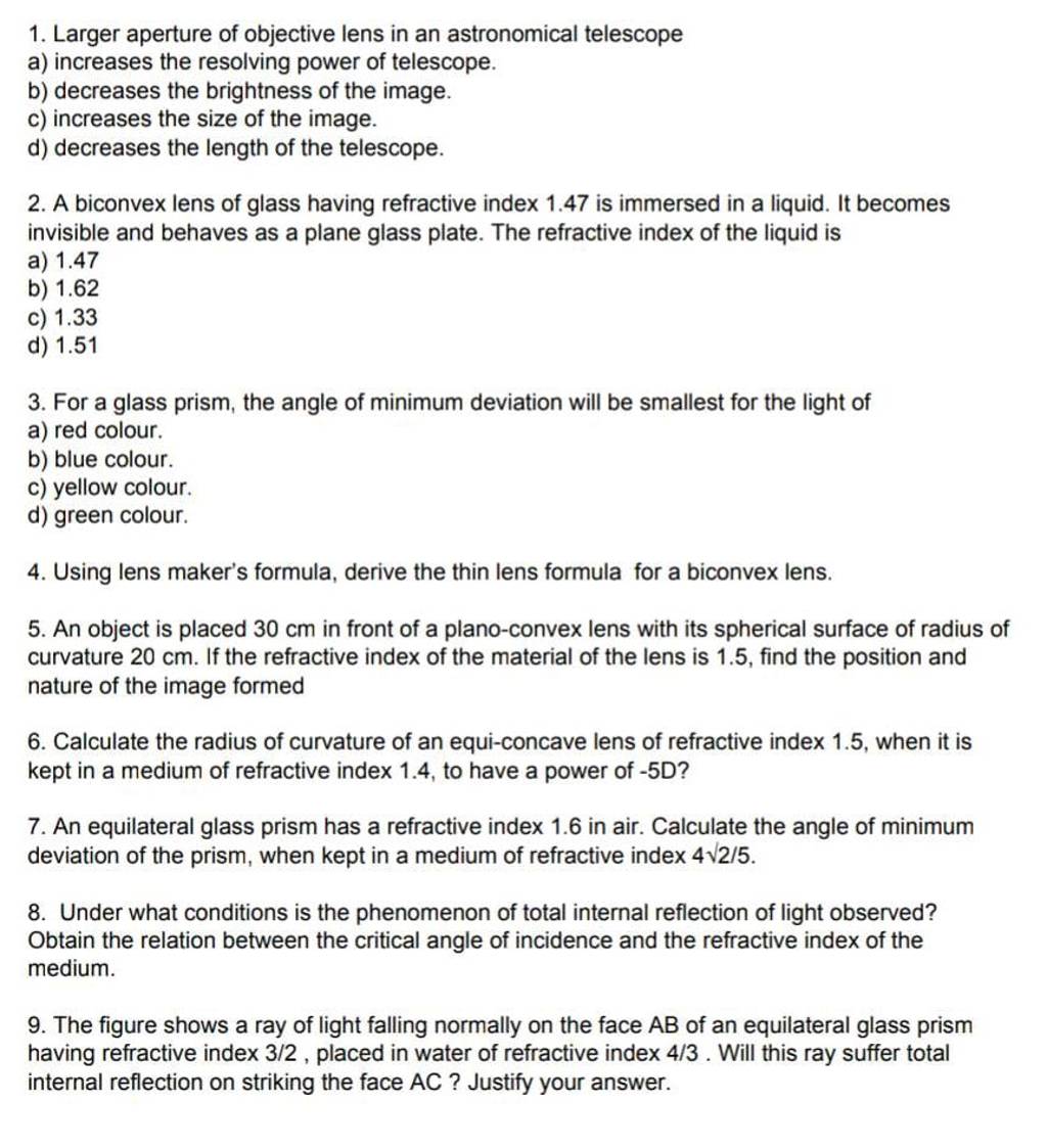 A biconvex lens of glass having refractive index 1.47 is immersed in a li..