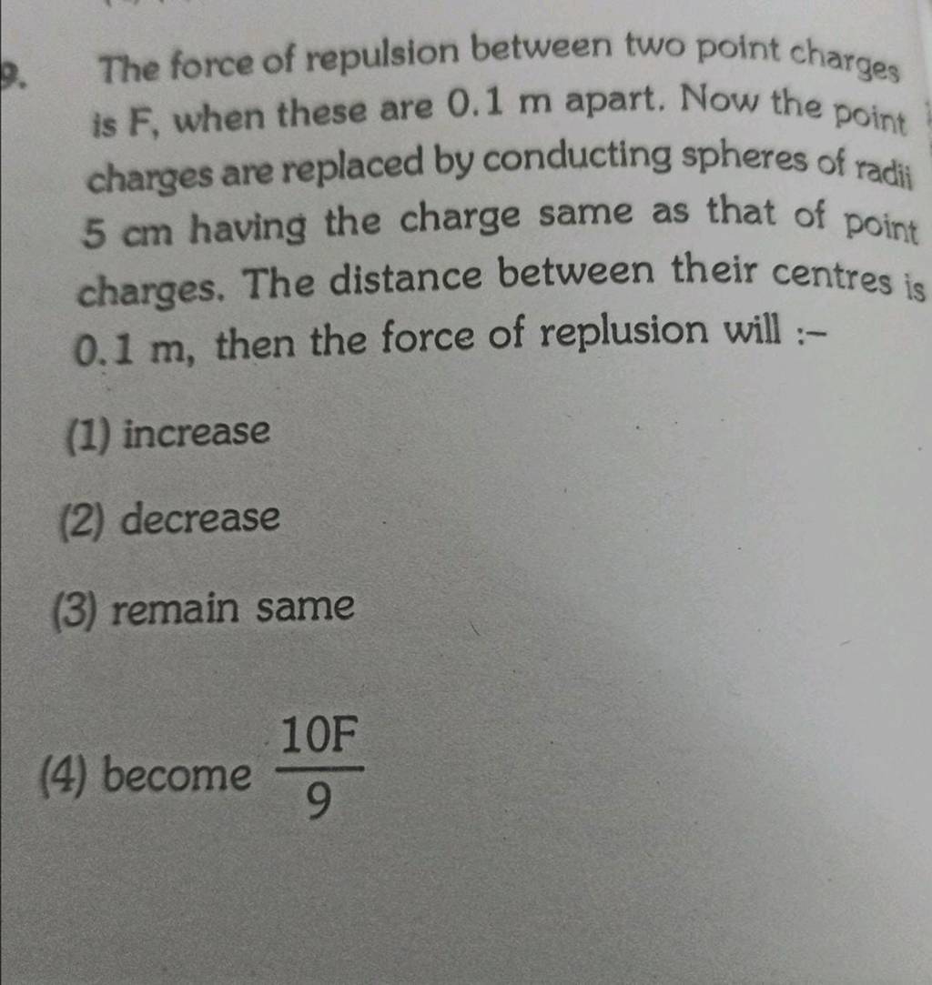 The force of repulsion between two point charges is mathrmF, when these a..