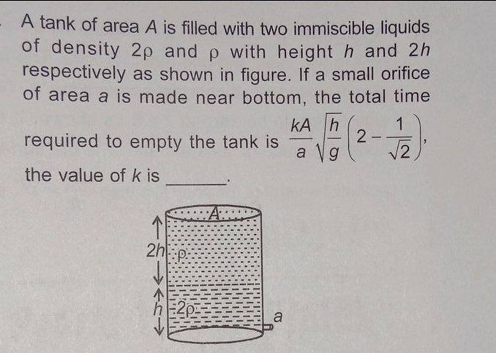 a-tank-of-area-a-is-filled-with-two-immiscible-liquids-of-density-2ho-and