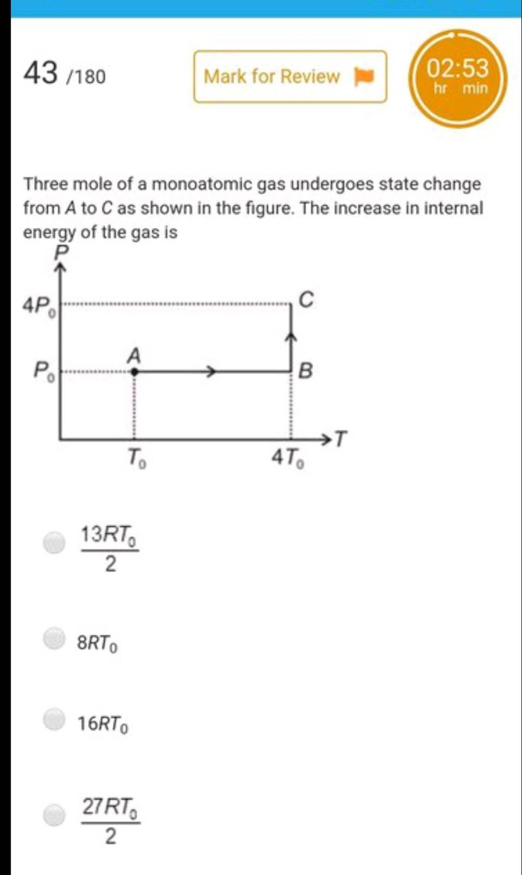 Three mole of a monoatomic gas undergoes state change from A to C as show..