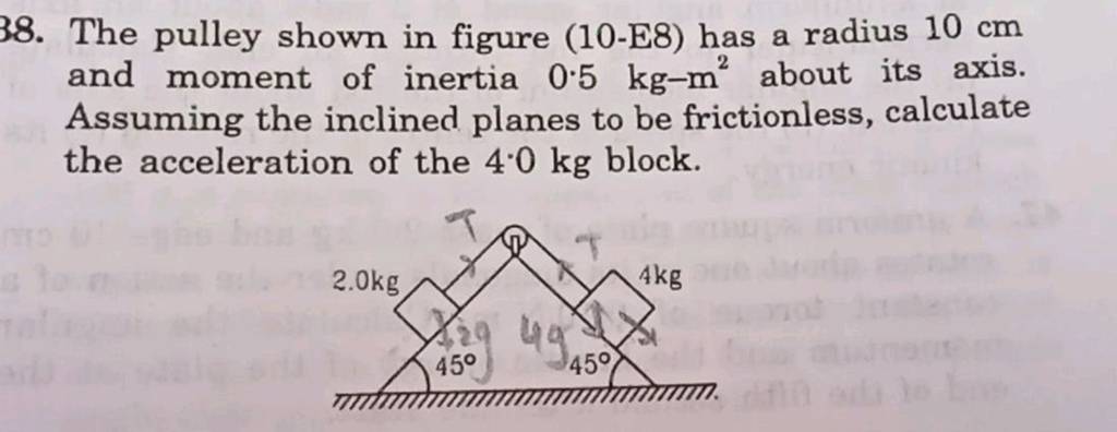 38. The pulley shown in figure (10-E8) has a radius 10mathrm cm and momen..