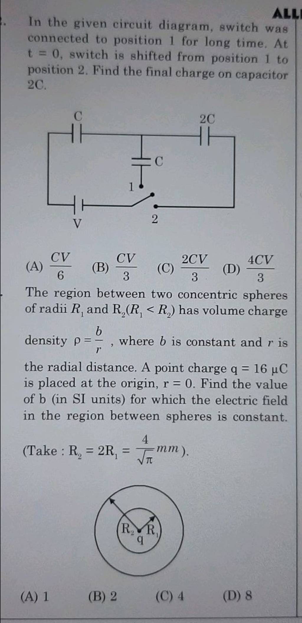 In The Given Circuit Diagram Switch Was Connected To Position 1 For Long 2767