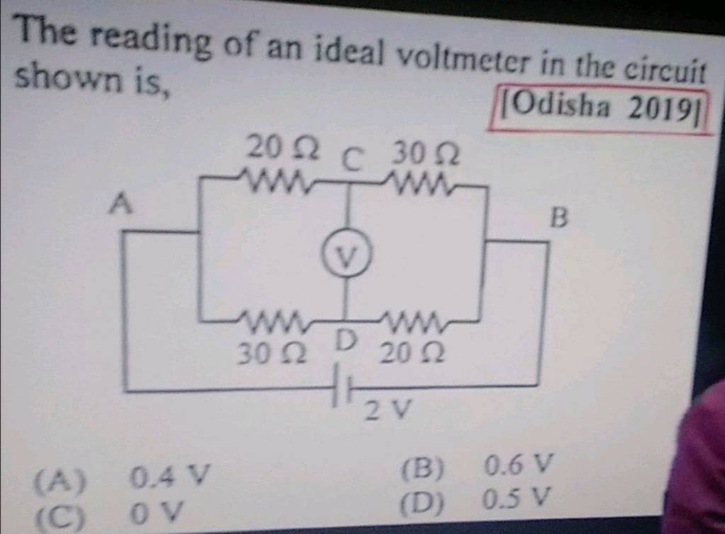 The reading of an ideal voltmeter in the circuit shown is, Filo