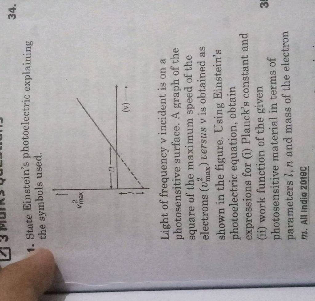 34. 1. State Einsteins photoelectric explaining the symbols used. Light o..