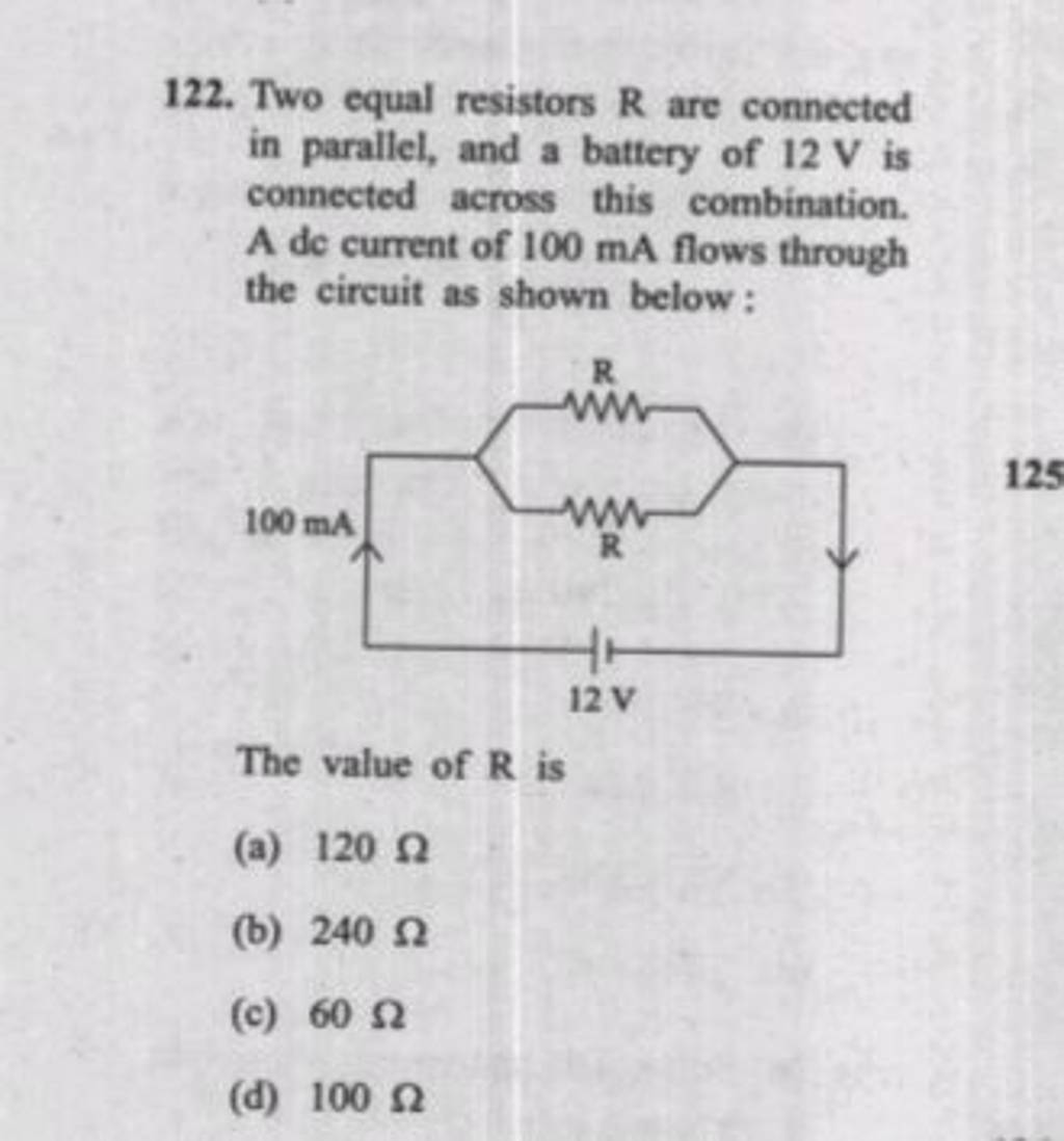 Two equal resistors mathbfR are connected in parallel, and a battery of 1..