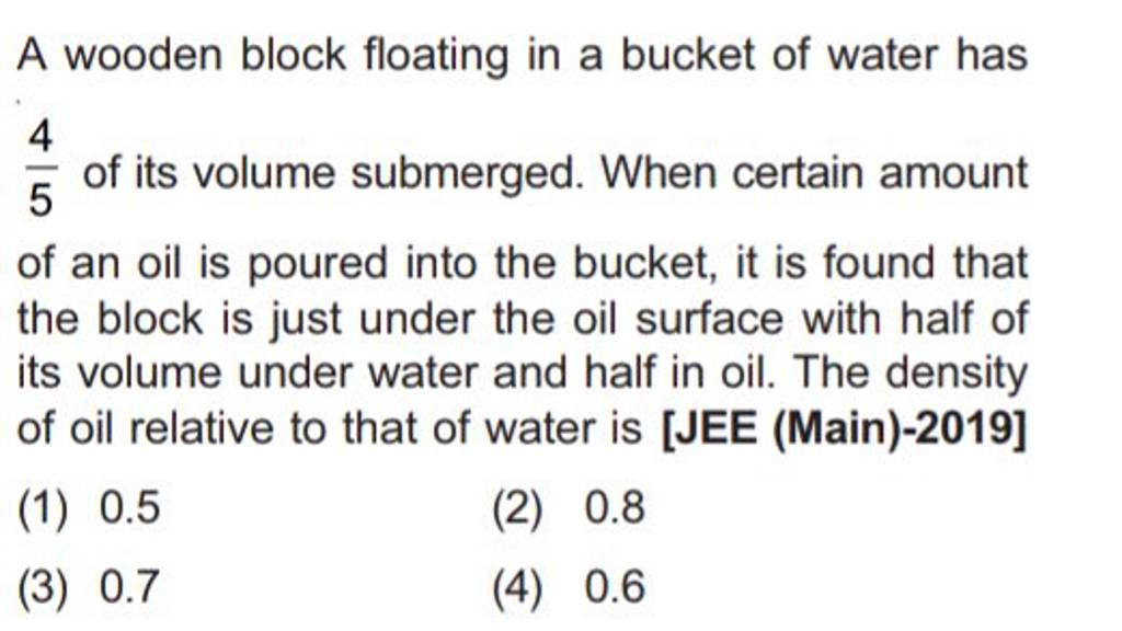 A wooden block floating in a bucket of water has frac45 of its volume sub..