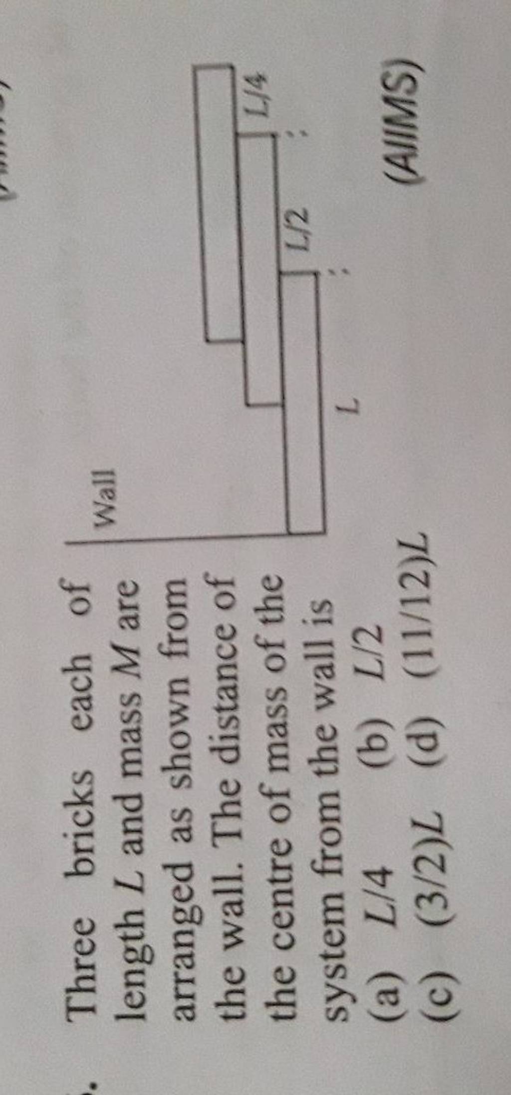 Three Bricks Each Of Length L And Mass M Are Arranged As Shown From The W..