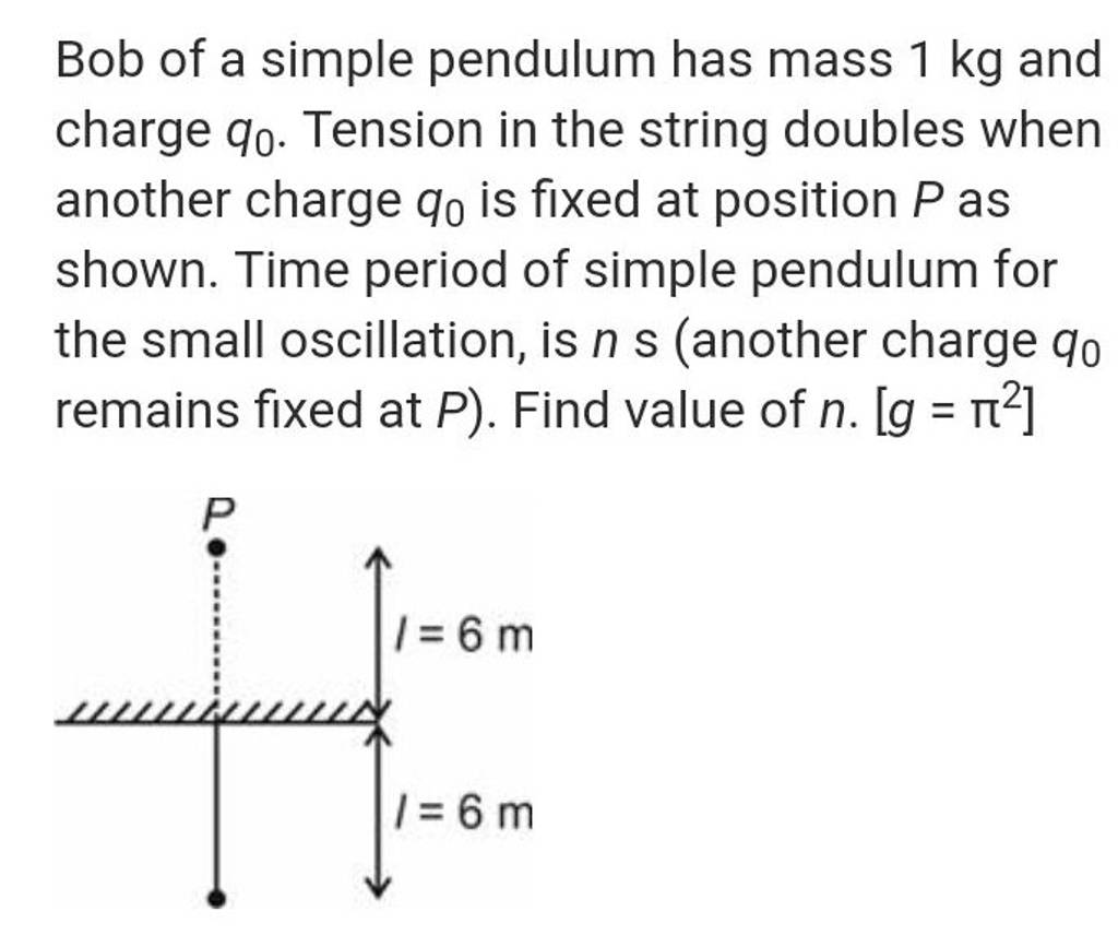 Bob of a simple pendulum has mass 1mathrm kg and charge q0​. Tension i