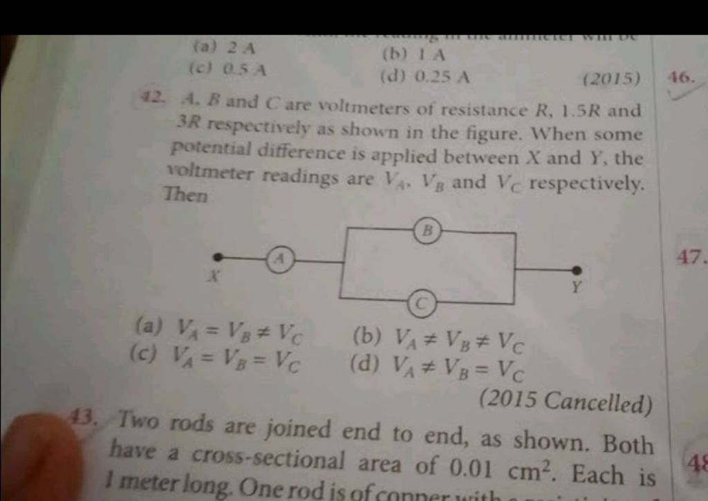 (2015) 12. 4.B and C are voltmeters of resistance R,1.5R and 3R respectiv..