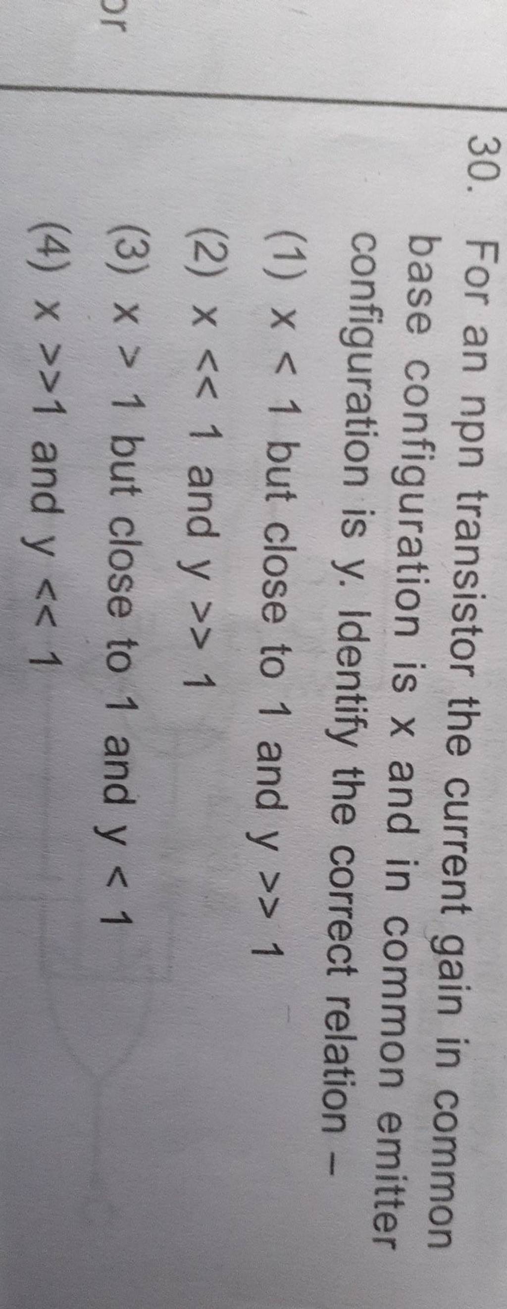 For an npn transistor the current gain in common base configuration is x