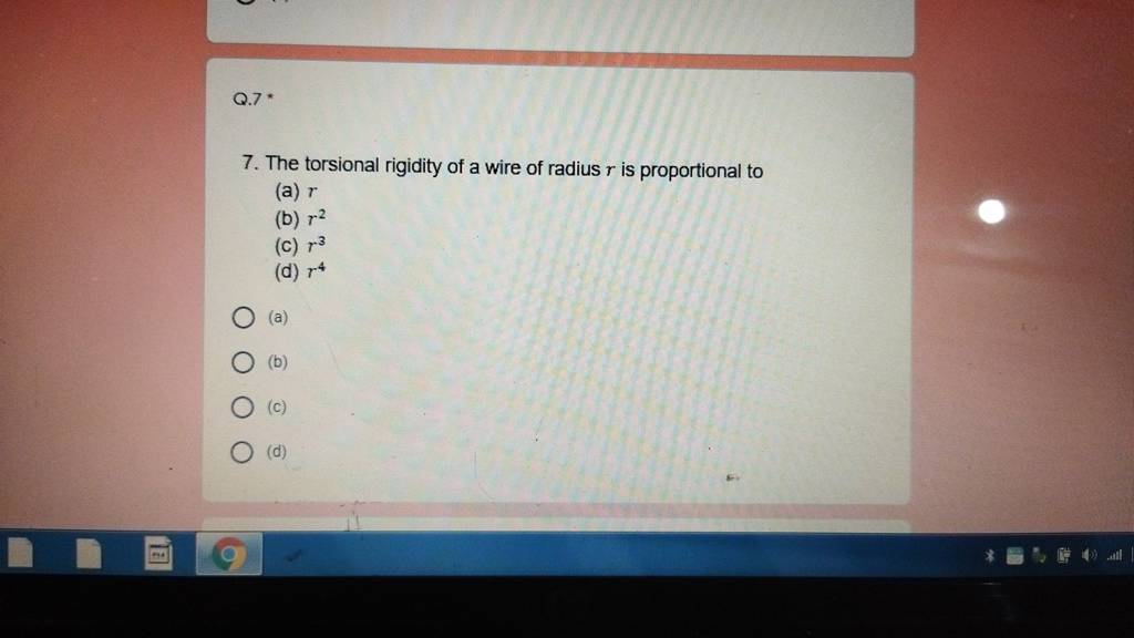 The torsional rigidity of a wire of radius r is proportional to Filo