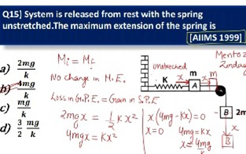 Q15) System is released from rest with the spring unstretched.The maximum..