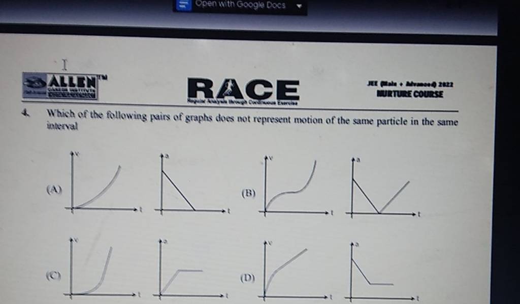 4. Which of the following pairs of graphs does not represent motion of th..