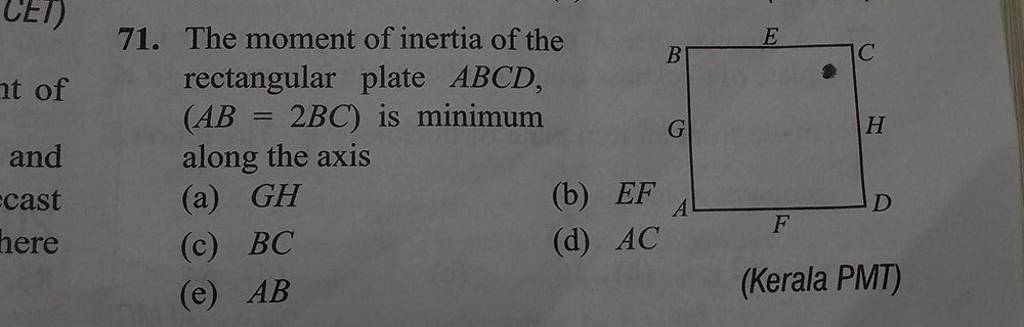 The moment of inertia of the rectangular plate ABCD, (AB=2BC) is minimum