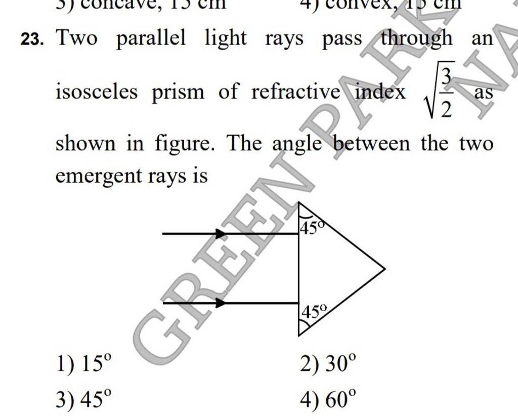 Two parallel light rays pass through an isosceles prism of refractive ind..