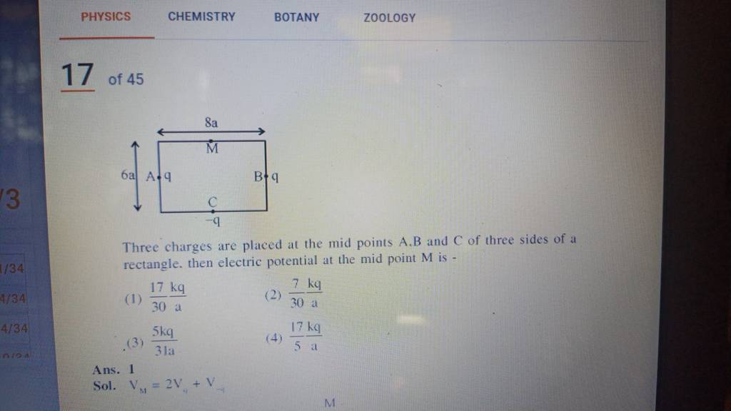 PHYSICS Three charges are placed at the mid points A.B and C of three sid..