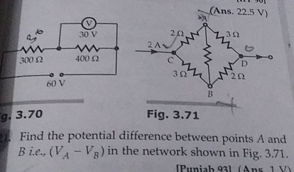 Fig. 3.71 Find the potential difference between points A and B i.e., left..