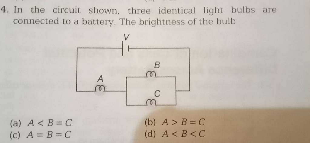 In the circuit shown, three identical light bulbs are connected to a batt..