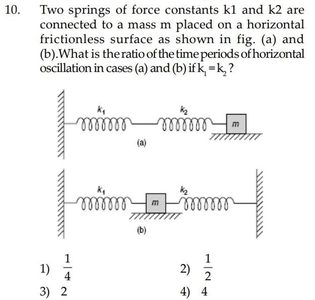 Two springs of force constants mathrmk1 and mathrmk2 are connected to a m..