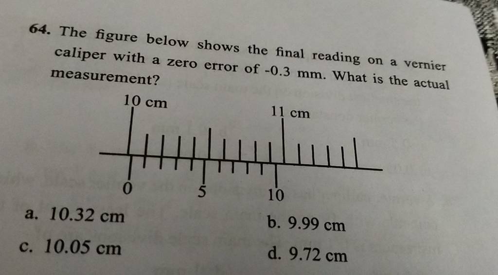 The figure below shows the final reading on a vernier caliper with a zero..