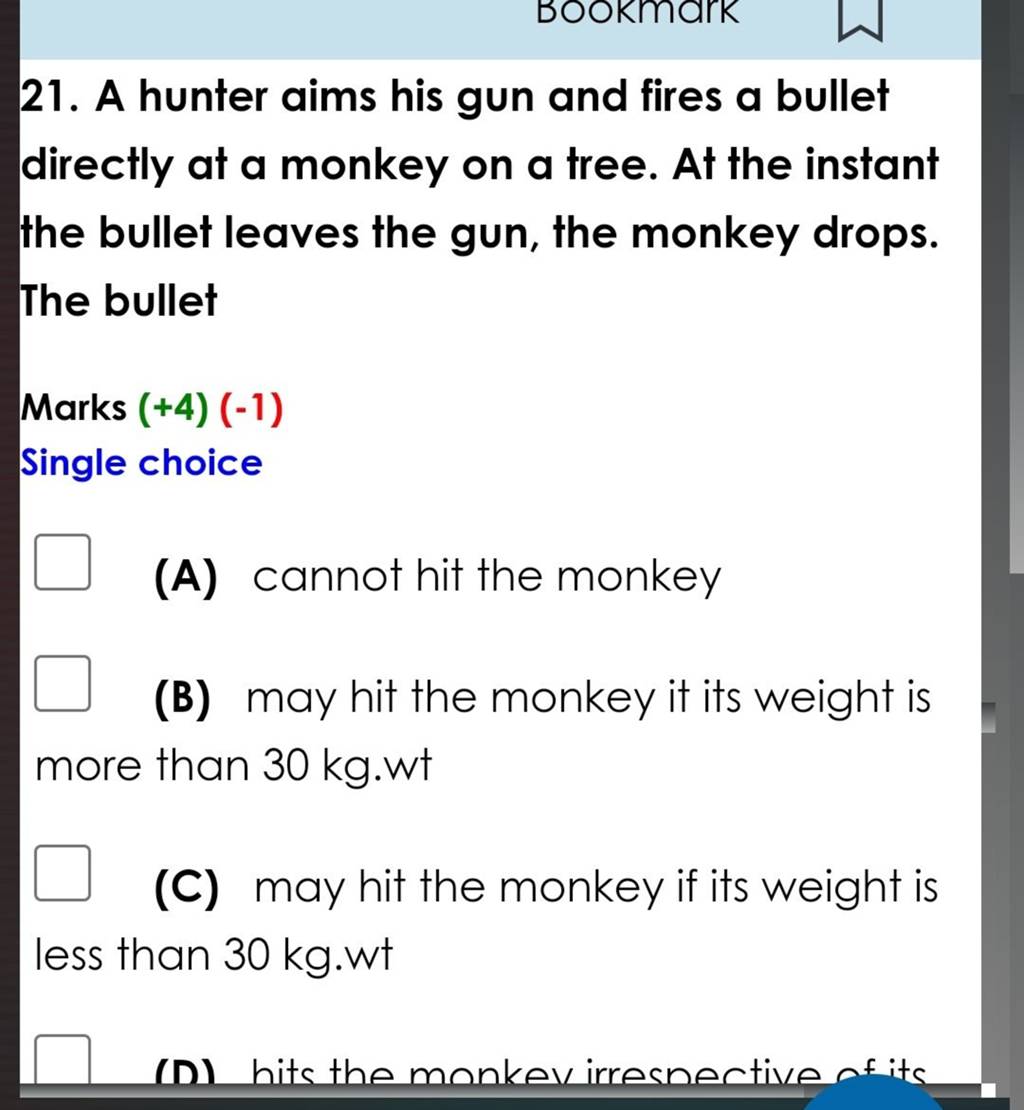 A hunter aims his gun and fires a bullet directly at a monkey on a tree.