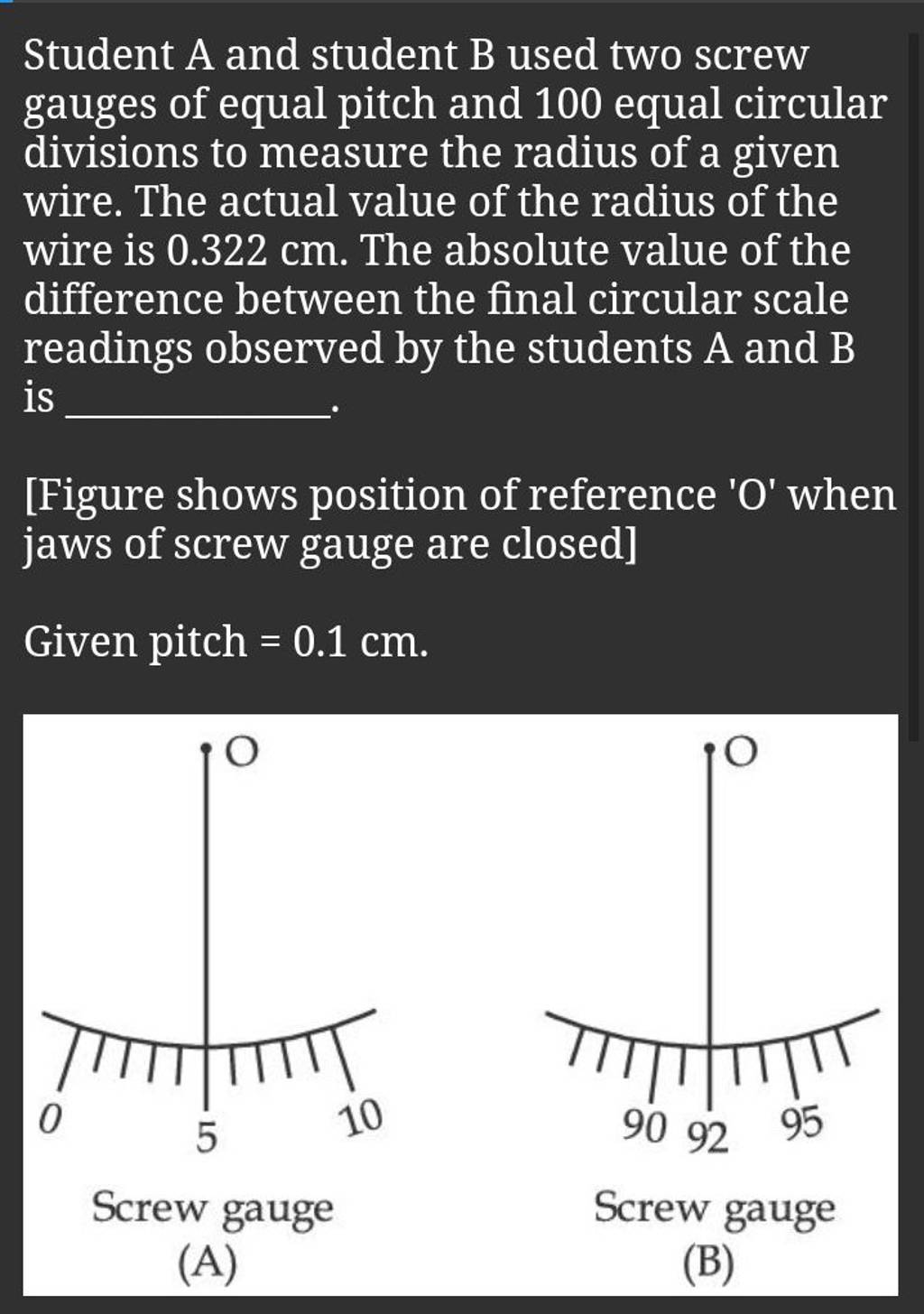 Student A and student B used two screw gauges of equal pitch and 100 equa..