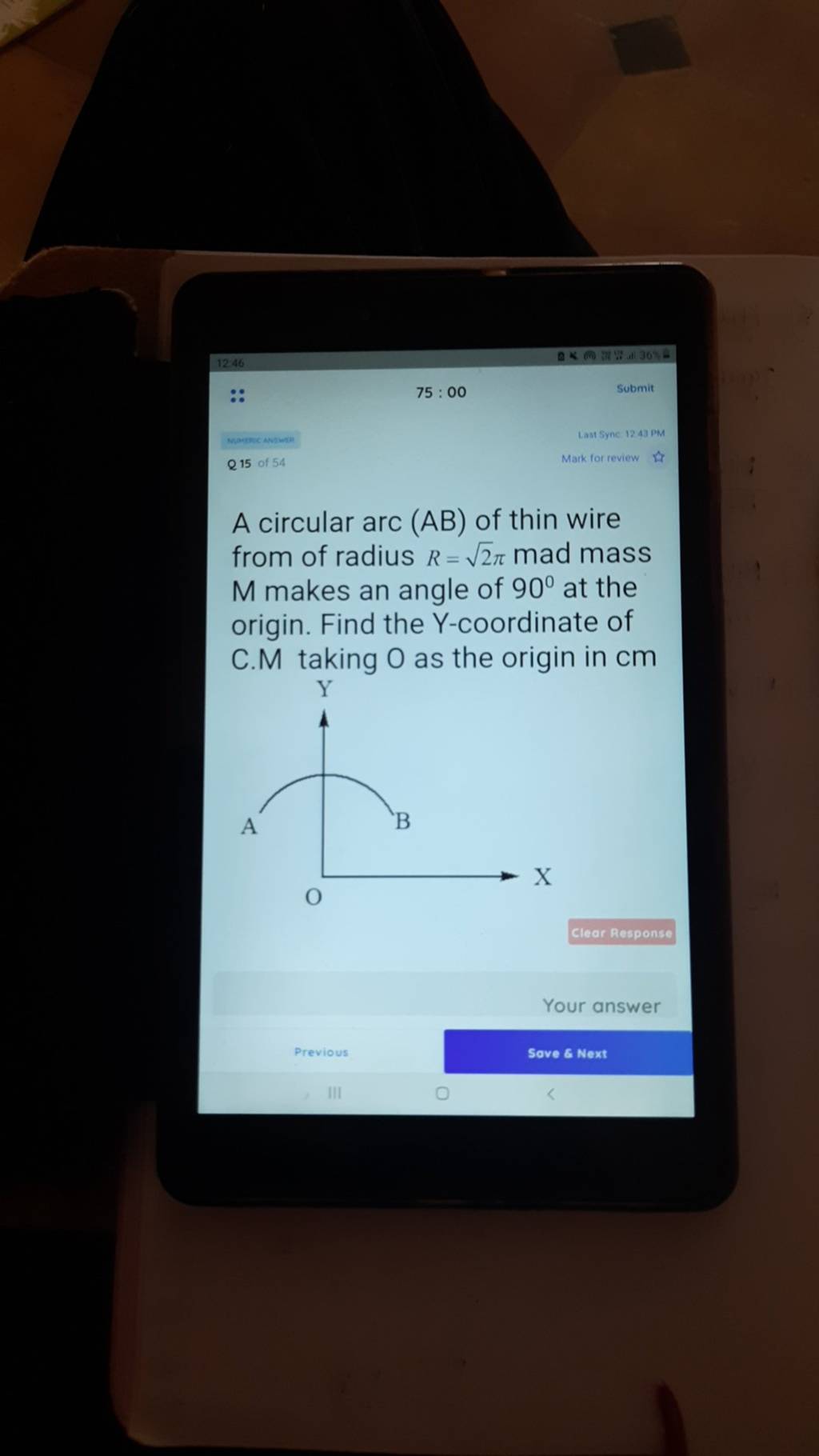 A circular arc (AB) of thin wire from of radius R=sqrt2pi mad mass M make..