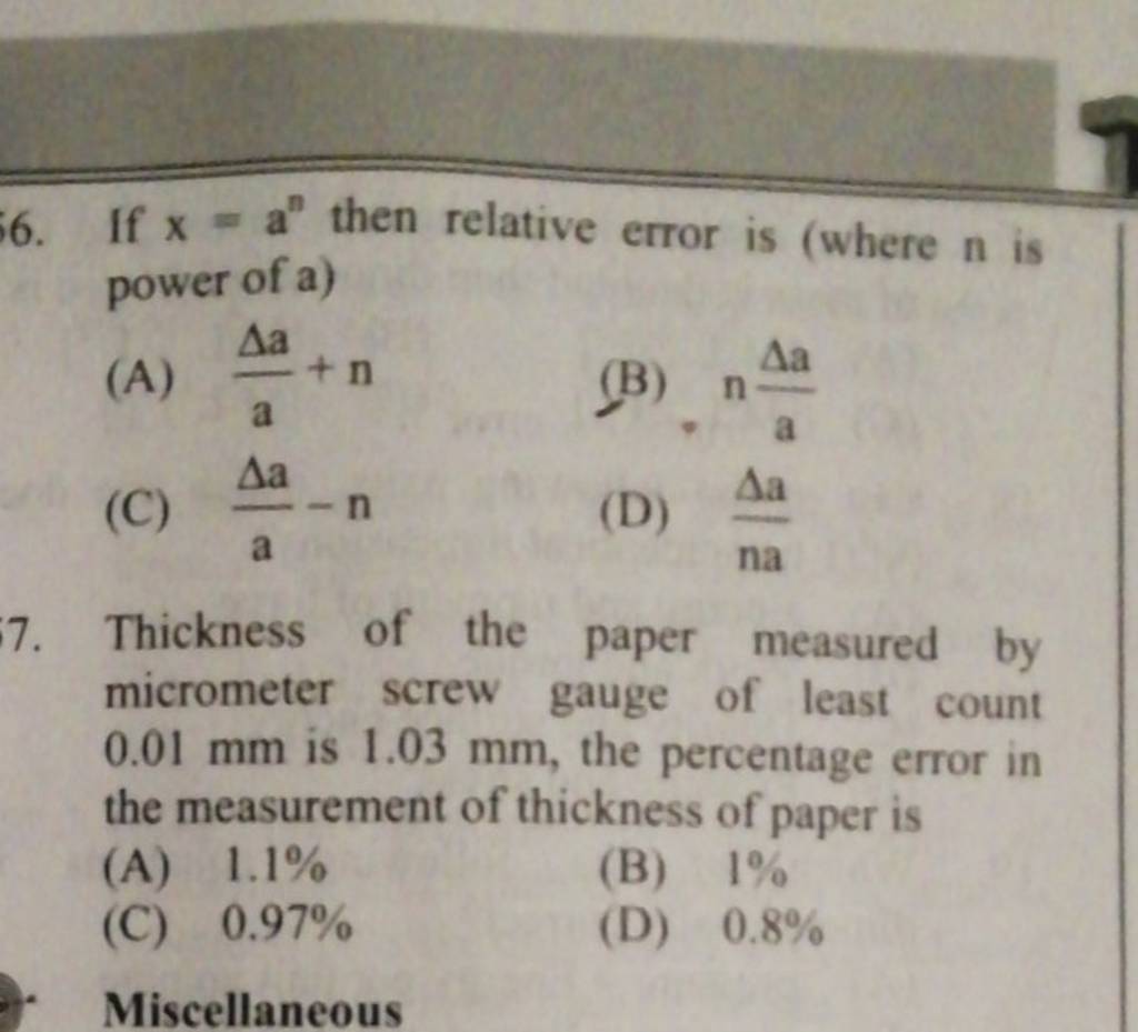 Thickness of the paper measured by micrometer screw gauge of least count