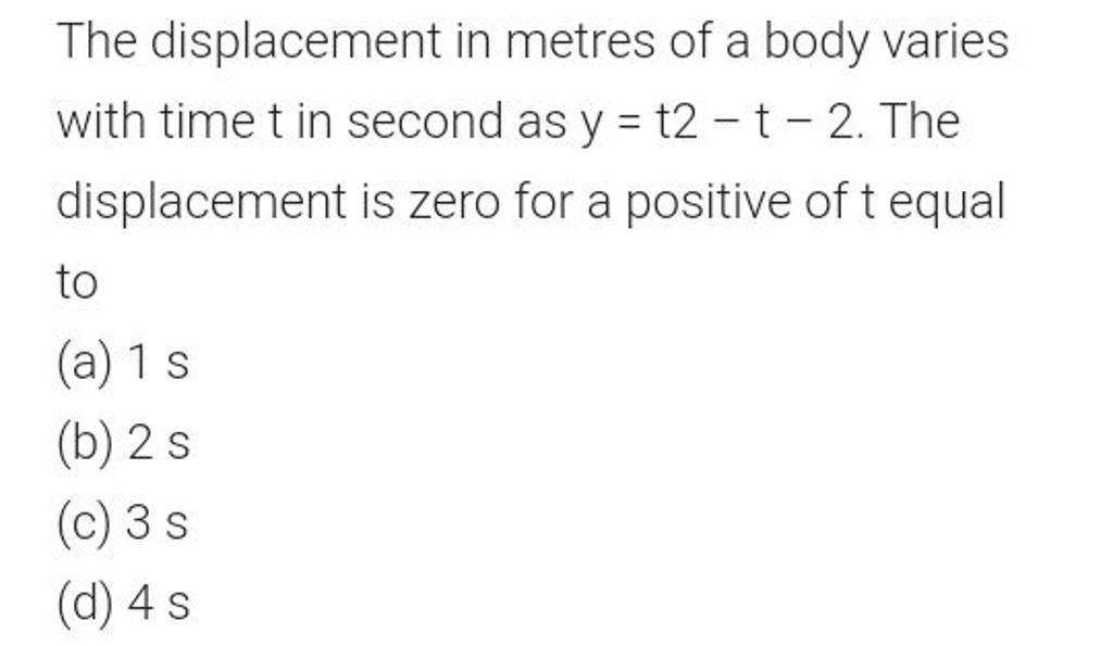 The Displacement In Metres Of A Body Varies With Time T In Second As Y t2 the-displacement-in-metres-of-a-body-varies-with-time-t-in-second-as-y-t2