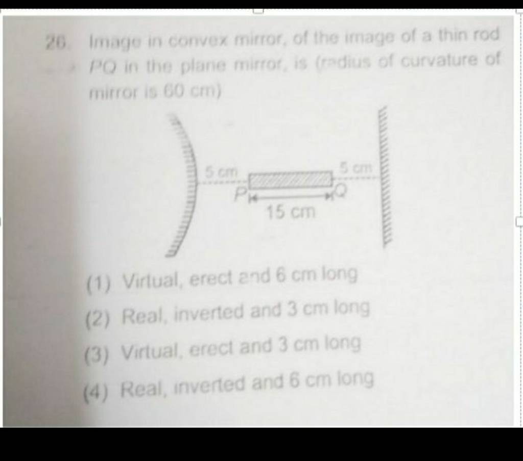 PQ in the plane mirror, is (radius of curvature of mitror is 60mathrm cm