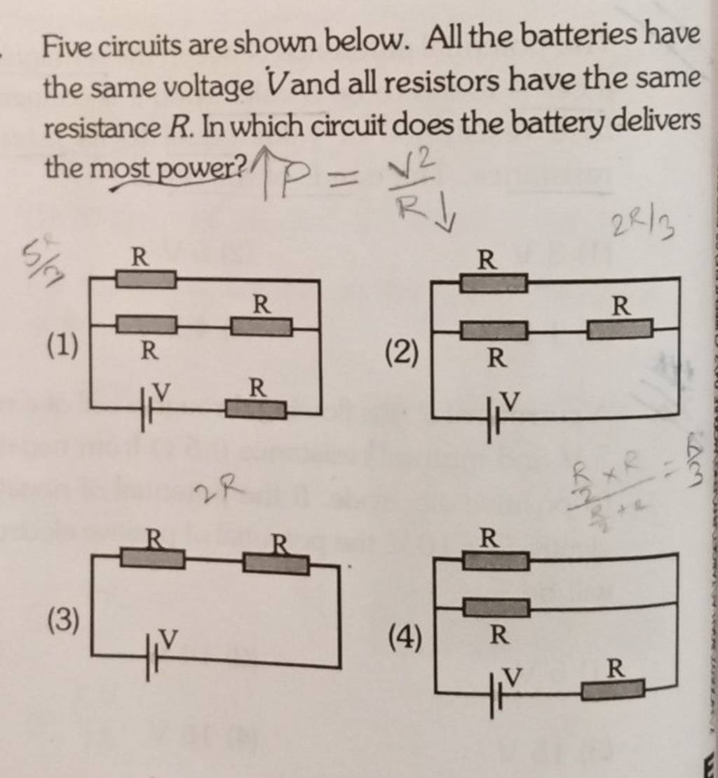 Five circuits are shown below. All the batteries have the same voltage Va..