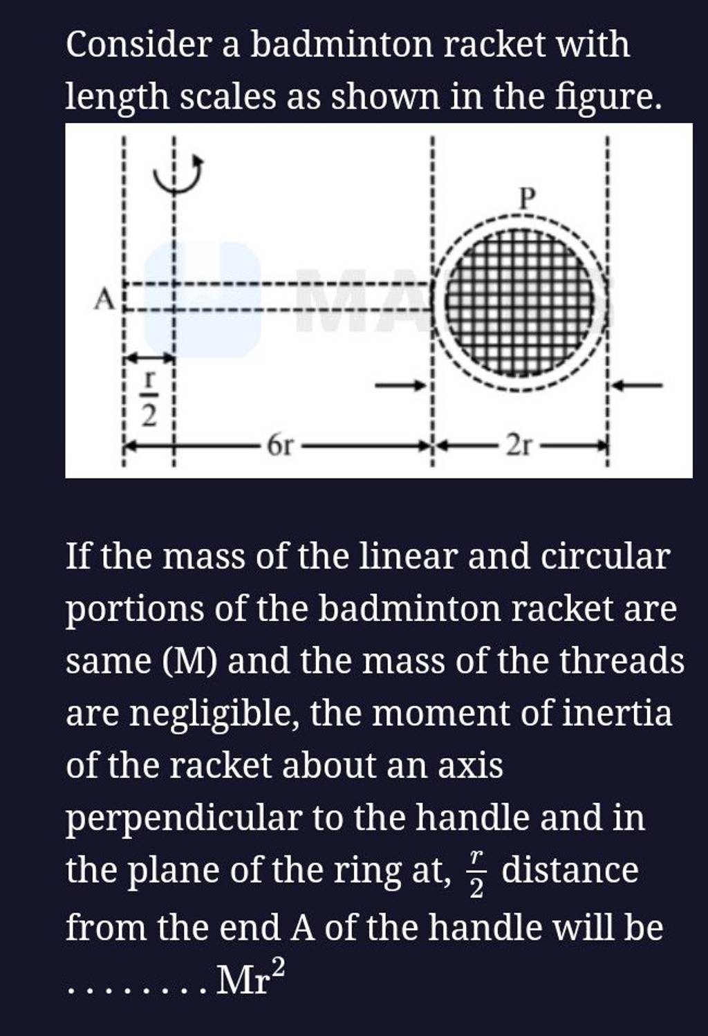 Consider a badminton racket with length scales as shown in the figure. If..
