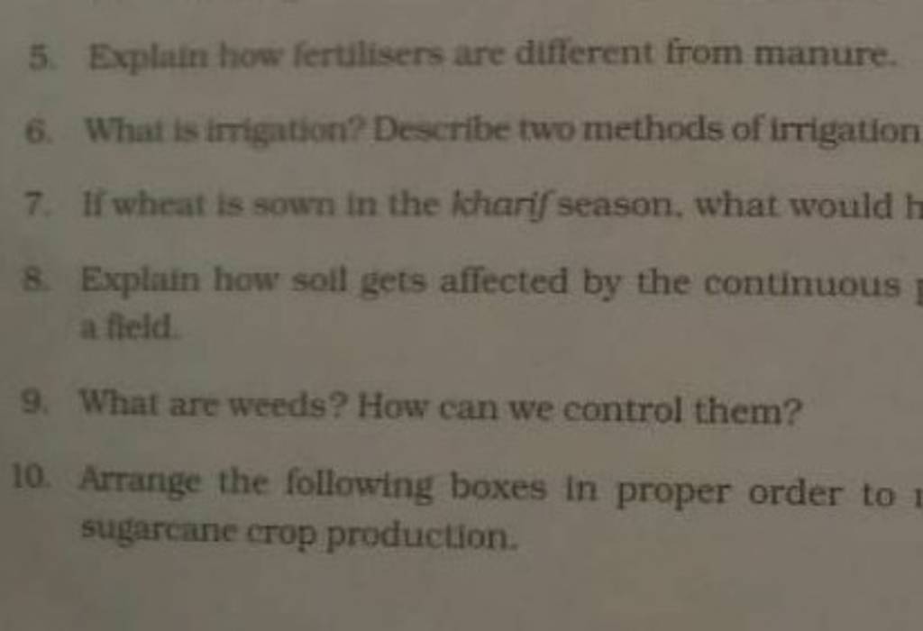 5. Explain how fertilisers are different from manure. 6. What is imigatio..