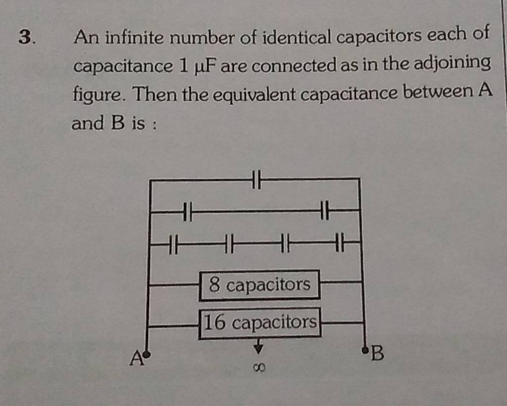 3. An infinite number of identical capacitors each of capacitance 1μF are..