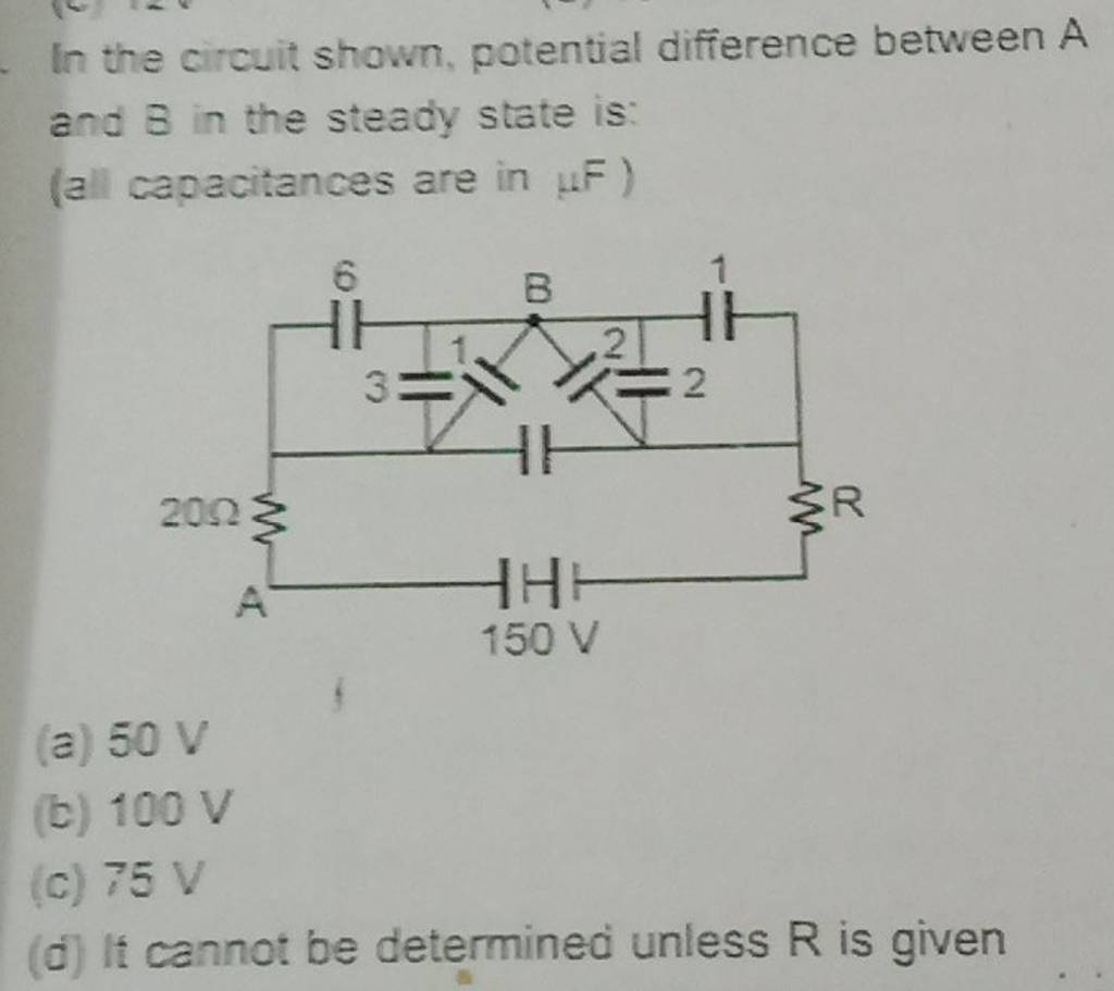 In the circuit shown, potential difference between A and B in the steady