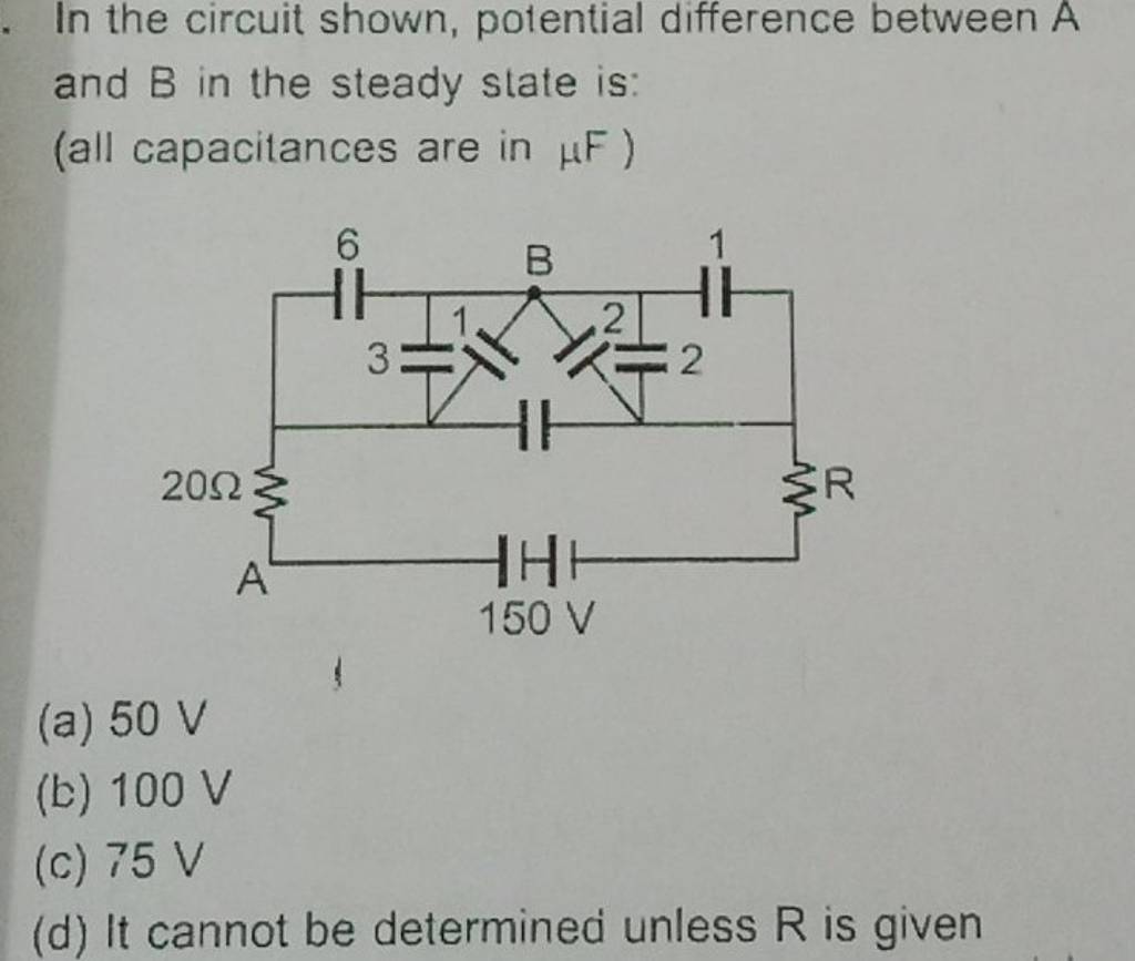 In the circuit shown, potential difference between A and B in the steady