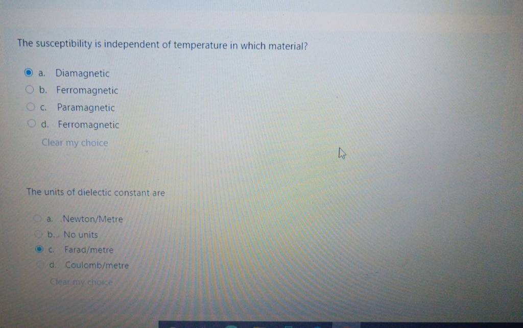 The susceptibility is independent of temperature in which material? Filo