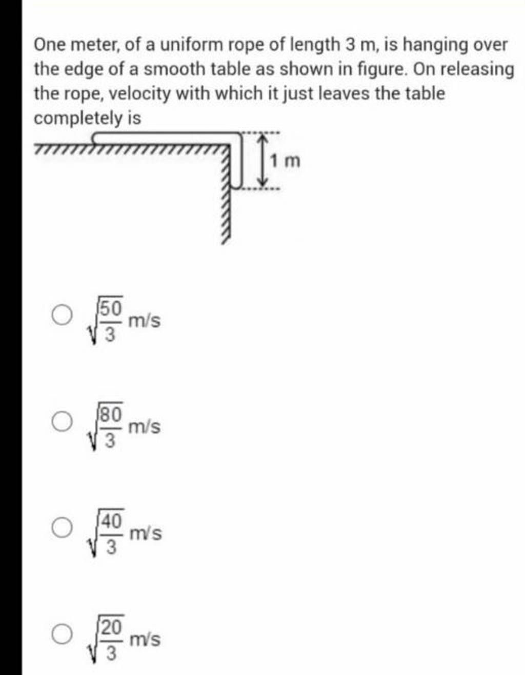 One meter, of a uniform rope of length 3 m, is hanging over the edge of a..