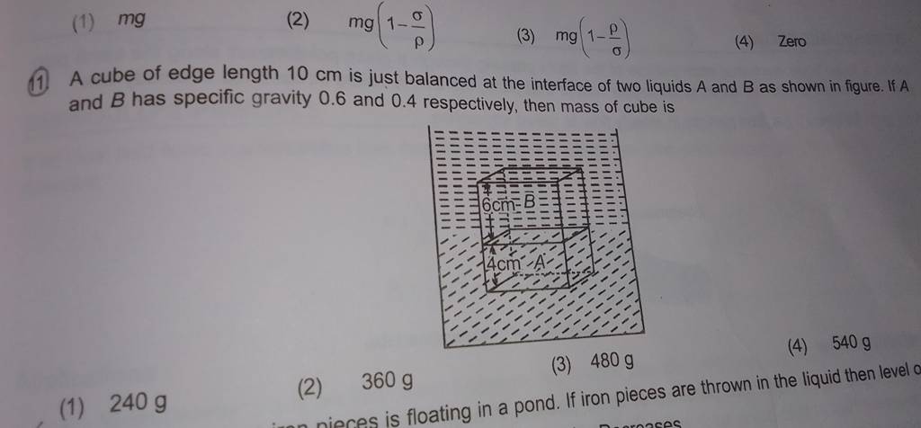 a-cube-of-edge-length-10-cm-is-just-balanced-at-the-interface-of-two-liq