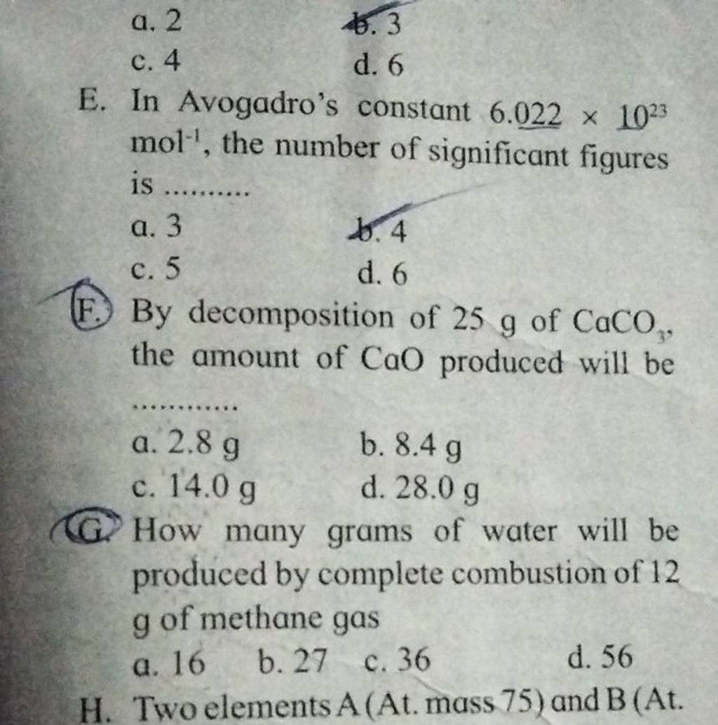 (G.) How many grams of water will be produced by complete combustion of 1..