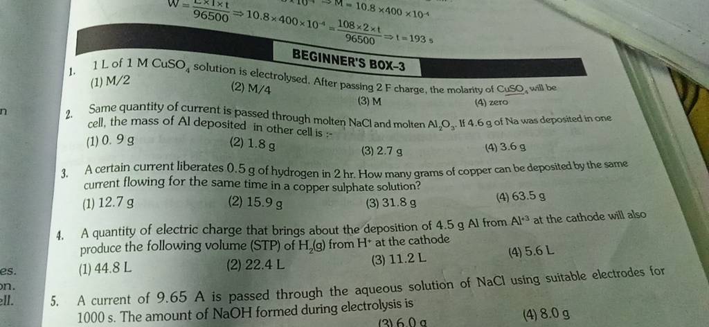 A current of 9.65 A is passed through the aqueous solution of NaCl using