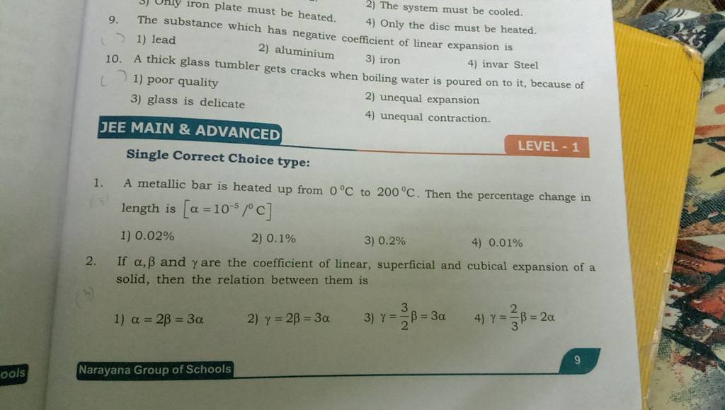 JEE MAIN \& ADVANCED Single Correct Choice type: A metallic bar is heated..