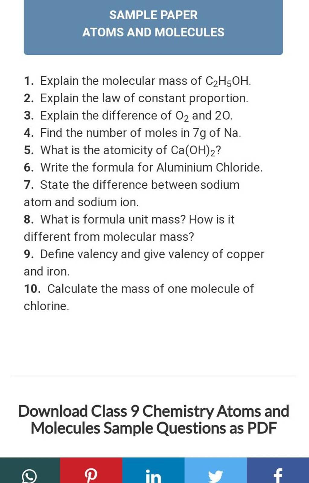 Sample Paper Atoms And Molecules Filo