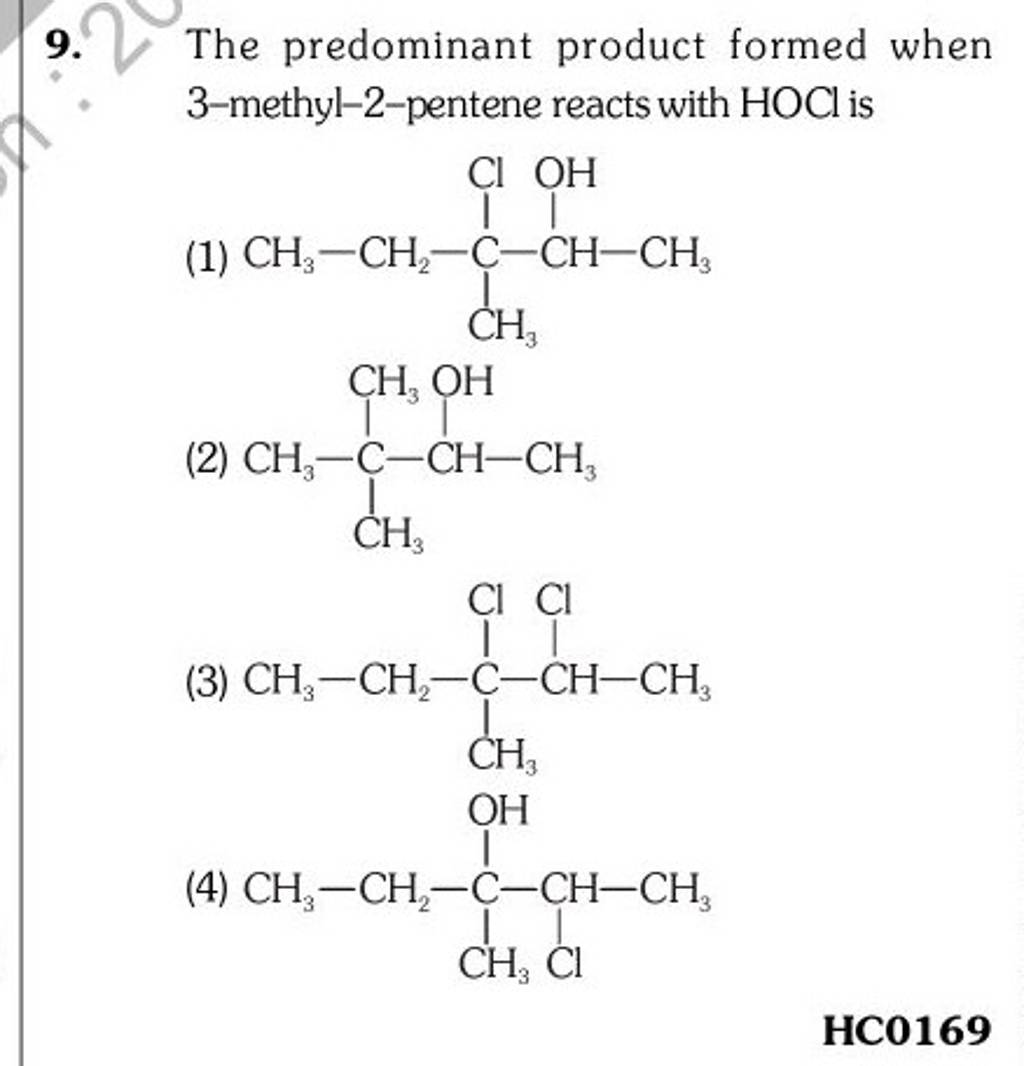 The predominant product formed when 3-methyl-2-pentene reacts with HOCl i..