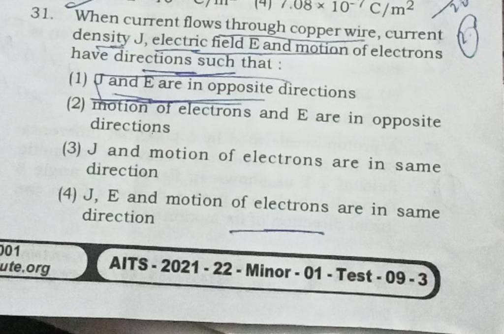 When current flows through copper wire, current density J, electric field..