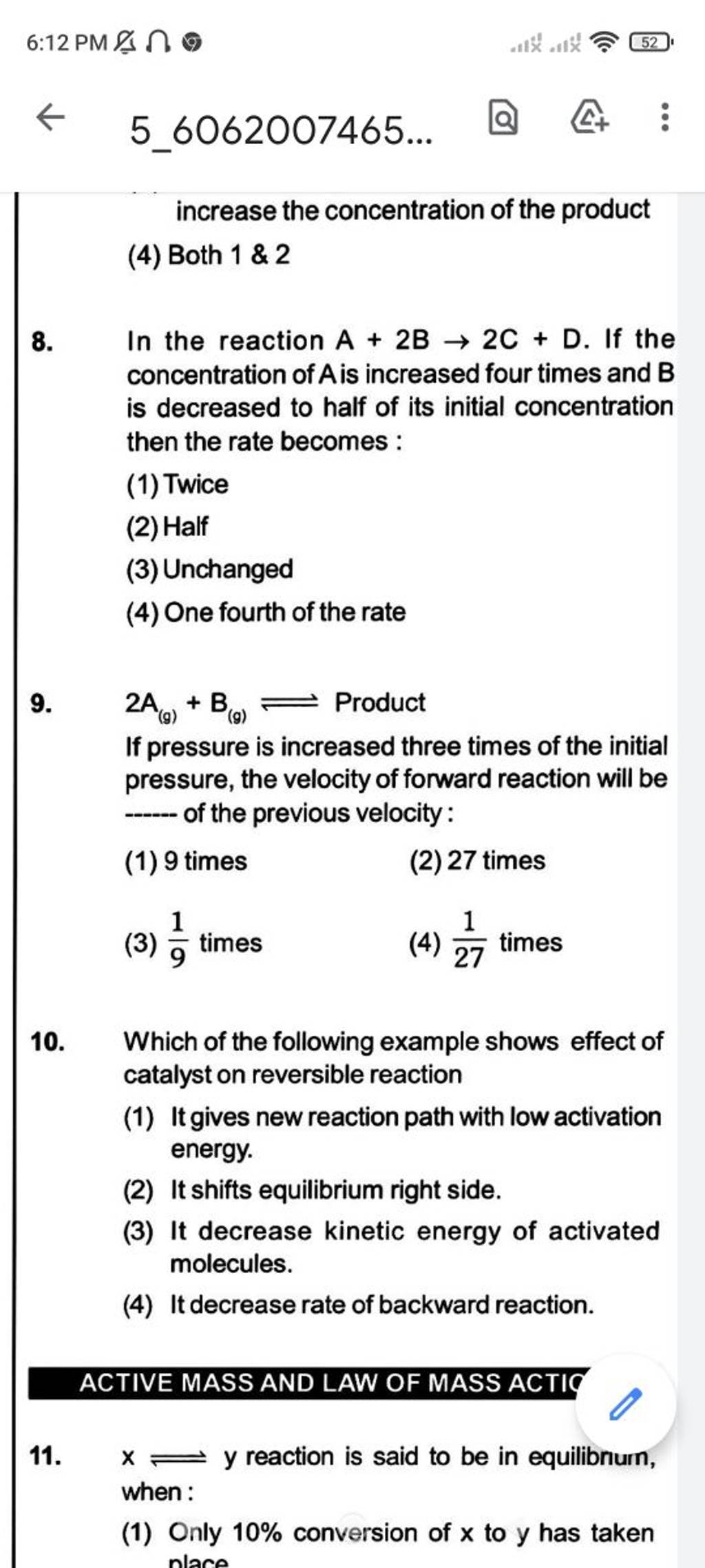In the reaction A+2B→2C+D. If the concentration of A is increased four ti..