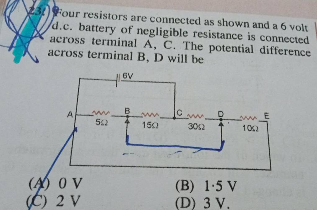 Four resistors are connected as shown and a 6 volt d.c. battery of neglig..
