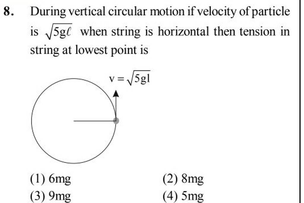 During vertical circular motion if velocity of particle is 5 gℓ when str..