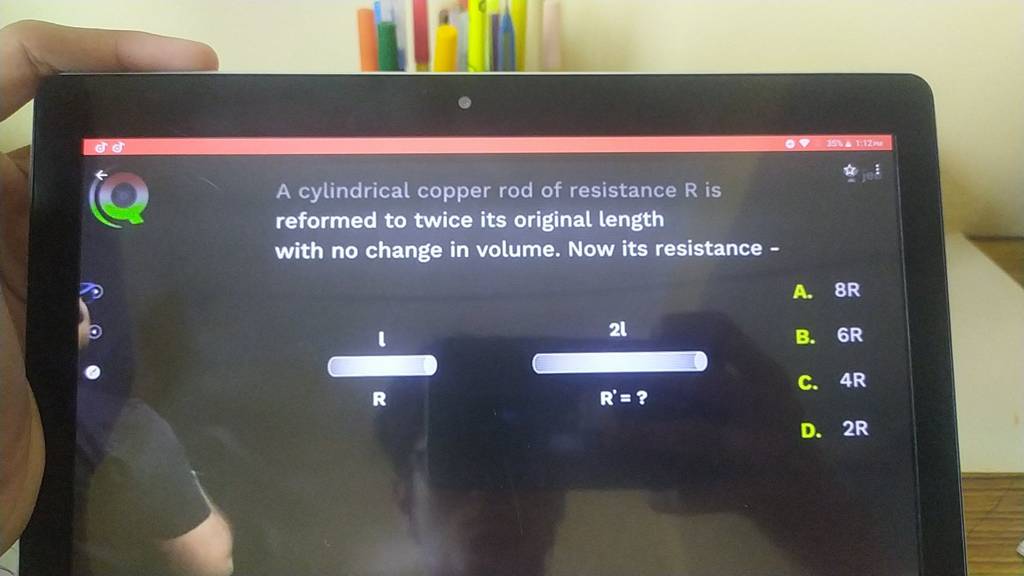 A cylindrical copper rod of resistance R is reformed to twice its origina..